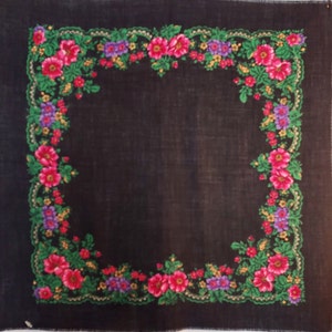 1980s Ukrainian Woolen Scarf - Red and Lilac Floral Design - Traditional Fashion Accessory for Girls and Women