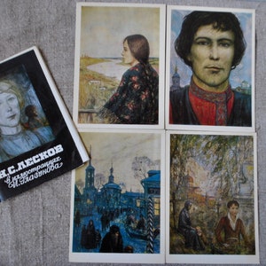 Artiste d'illustration Glazunov aux contes russes Leskov . Lot de 16 cartes postales vintage, 1985