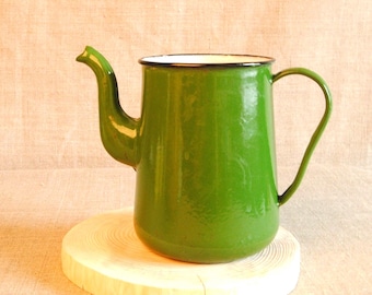 Vintage emaille theepot groene USSR metalen waterkoker rustieke keuken jaren 1970