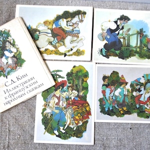 Illustraties voor Franse volksverhalen, set van 16 kunstkaarten met sprookjes, Oekraïense illustrator Kim 1990