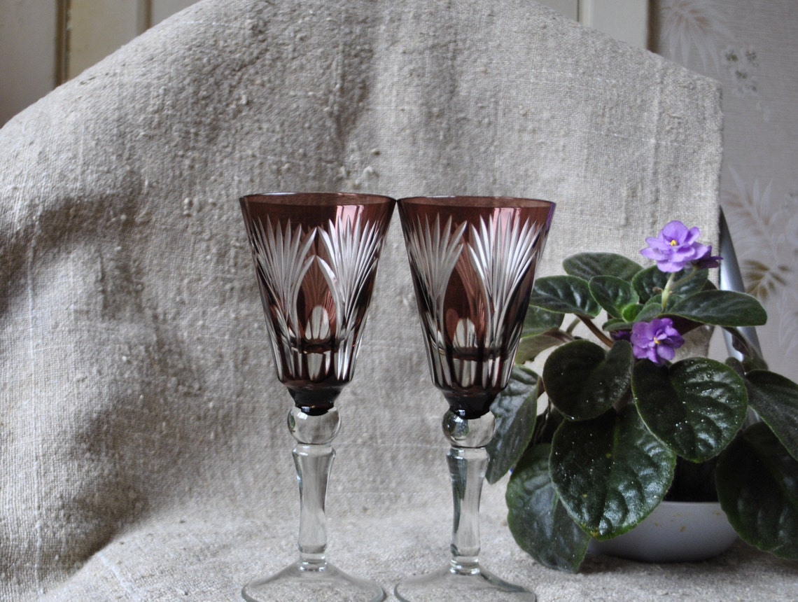 Vintage Wine Glasses Two Tulip Shaped Stem Wine Goblets Etsy