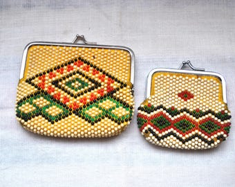Two Small Wallets with Beads, kiss lock purse, made in USSR 1970