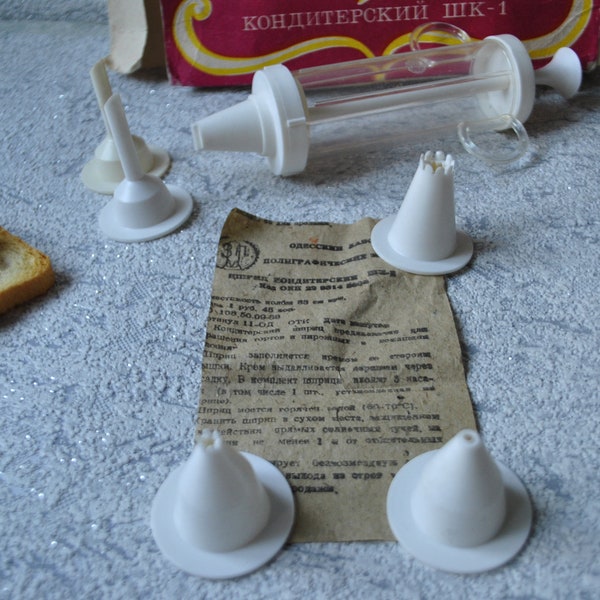 Jeringuilla para repostería: un juego para decorar una tarta en estilo retro, en la caja original con instrucciones y victorioso, 1979
