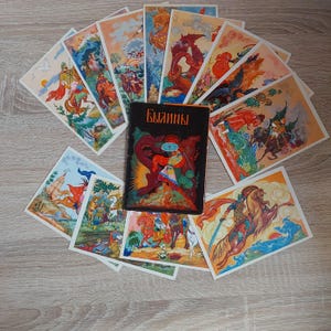 Épicos - Contos de Heróis, Conjunto Completo de 12 Cartões Postais, Arte Palekh por M. Surkov, 1963