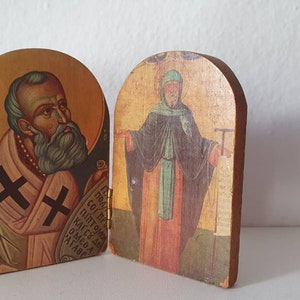 Diptych wooden Icon with Saint Anthony the Great of Egypt and Saint Gregory the Theologian - Greek Orthodox Icon