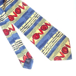 Vintage Pure Silk Abstract Tie by ITEMS | Bold 90s Necktie with Red Roses & Stripes | Men&#39;s Gift, Retro Statement Accessory