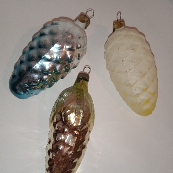 3 small multicolor pine cone of think glass, Xmas  Ornament , from USSR  1970s