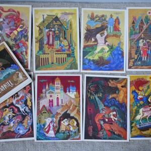 1985 Epen über Ilya Muromets Set mit 15 Postkarten, Verlag "Bildende Kunst" Moskau UdSSR