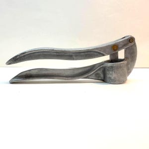 May include: A silver-colored metal garlic press with a hinged two-handle design. The tool features a textured, matte finish and a circular crushing chamber at one end. A small metal rivet connects the two handles, and the word 'Italy' is visible.