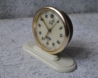 1960-Mechanical table clock ''Druzhba'', Desk alarm clock made in USSR, Rare model Elephant