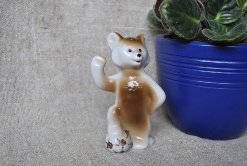 Soviet figurine Bear Footballer-player ZHK Porcelain Figurine 1980-s USSR Antique Ceramic MISHKA Olympic Games
