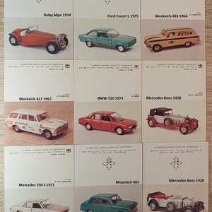 Conjunto de 9 pequenos cartões, postais com carros retro, Carros antigos, Cartões colecionáveis, Anos 80