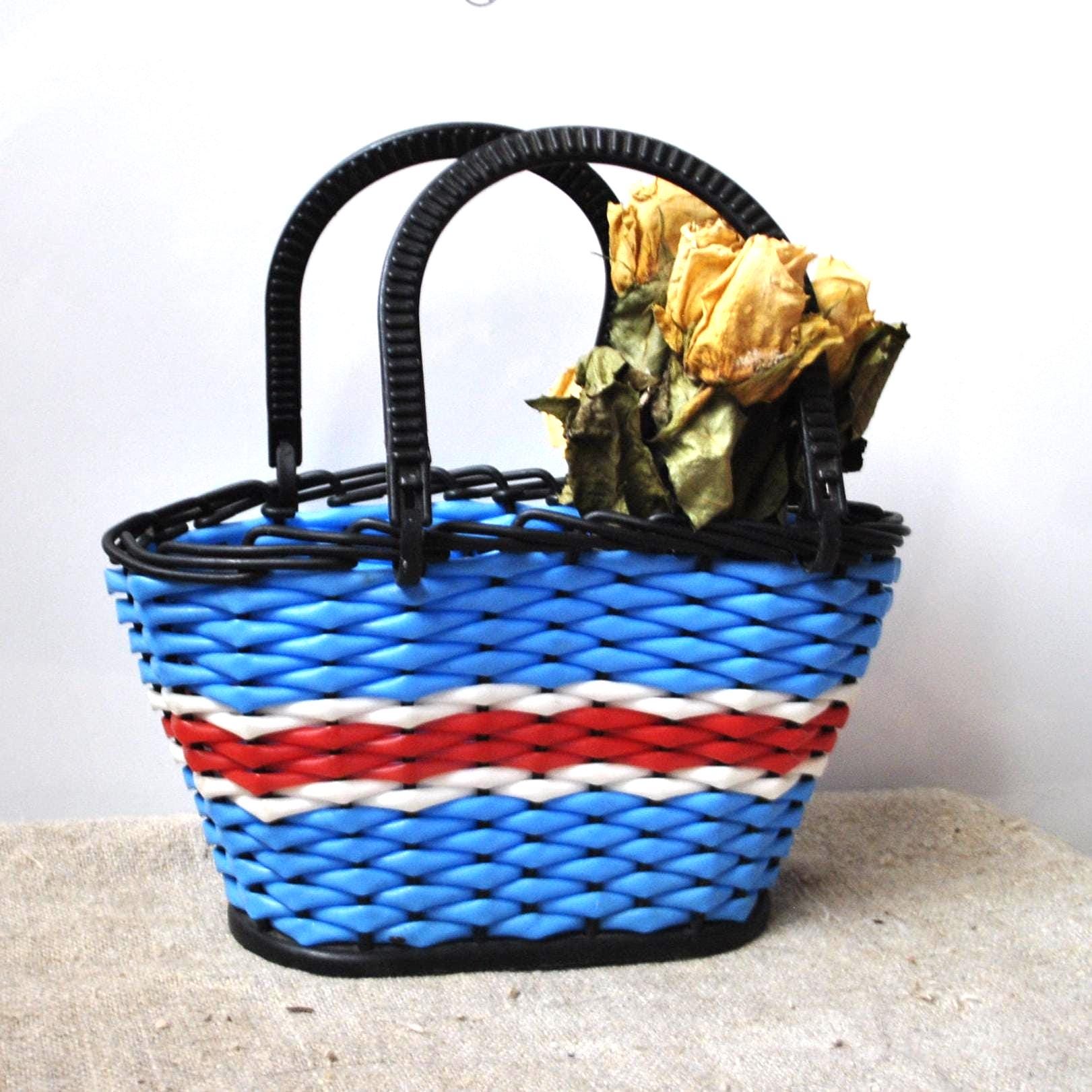 Sac Vintage Années 60 En Osier Et Plastique - Occasion, Style Fourre-tout, Couleur Naturelle, Doublure Osier