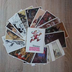 1983 Set von 16 Postkarten mit Illustrationen für die Märchen Abenteuer von Pinocio Buratino