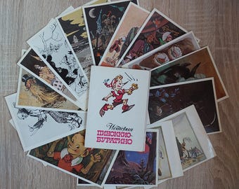 1983 Set of 16 postcards with illustrations for the Fairy tale  Adventures of Pinocio Buratino