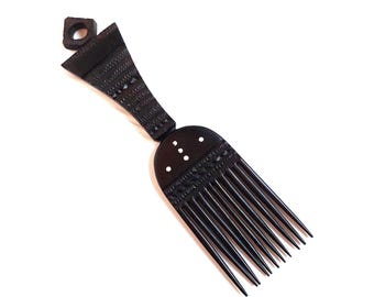Púa afro vintage de ébano tallada a mano - Arte tribal de Mozambique, década de 1960