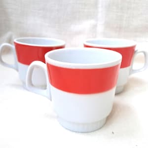 1980 - Set of 3 Ukrainian children&#39;s tea cups, kids milk mugs with red stripe