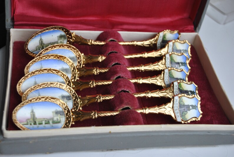 Set Of 6 Enamel Teaspoons Moscow Design Spoons Steel Spoons Soviet Cutlery Ussr Kremlin Spoons Gold Tone Metal