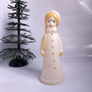 USSR Snow Maiden Doll with Yellow Braids – 1970s Collectible Plastic Holiday Ornament with Frosted Coat