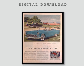 Printable Thunderbird Auto Vintage Anzeige, Retro digitaler Download Wandkunst, 1950er Jahre Auto Anzeige, Oldtimer Anzeige Dekor, Original Ford Anzeigen, Geschenk für Papa