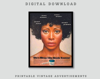 Druckbare Raveen Haarspülung Anzeige, Vintage Kosmetik, Retro Schönheit Anzeige, Vintage schwarze Frau Dekor, Retro Digital Download MCM Wandbehang
