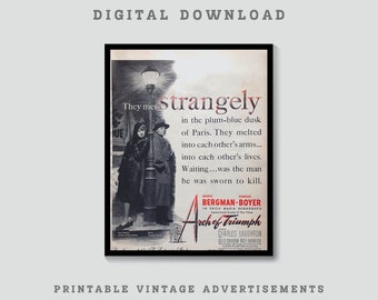 Druckbares Filmposter, Triumphbogen klassischer Film Filmkunst, Retro Filmposter, digitaler Download Vintage Wandkunst, Ingrid Bergman Film