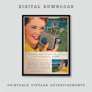 Op de afbeelding: Een vintage Kodak-advertentie met een vrouw die een Brownie Movie Camera vasthoudt. De advertentietekst luidt: "Nu! Kodak brengt u een Brownie Movie Camera voor de laagste prijs ooit - slechts $ 29,95!"