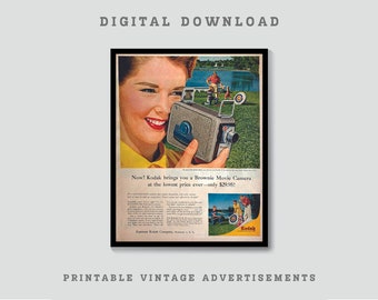 Kodak druckbare Vintage Anzeige, digitaler Download, Retro Kamera Dekor, Film Kamera Kunst, Brownie Kamera Retro, antike Videokamera Poster