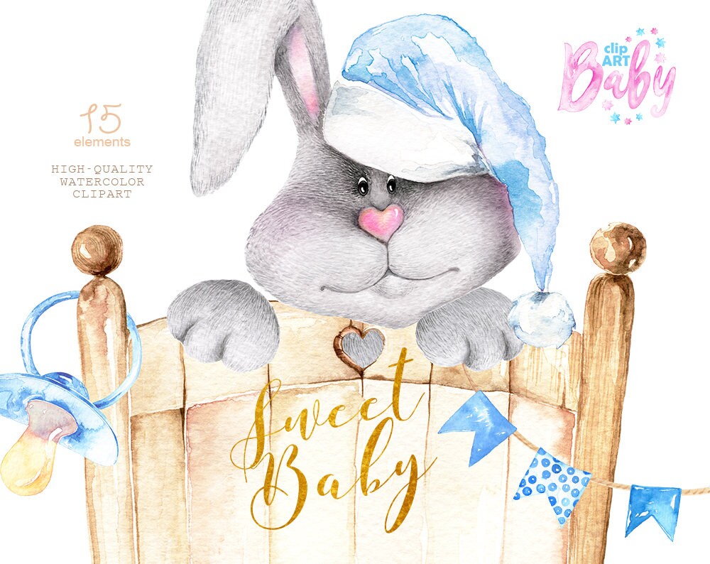 Watercolor Little Sleepy Bunny Baby Cribs Cute animal Etsy