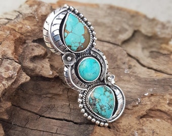 Turquoise Ring, Turquoise Jewelry, Sterling Silver Ring, Three Stone Ring, Gemstone Ring , Full Finger Ring , Handmade Ring, Boho Ring, Gift