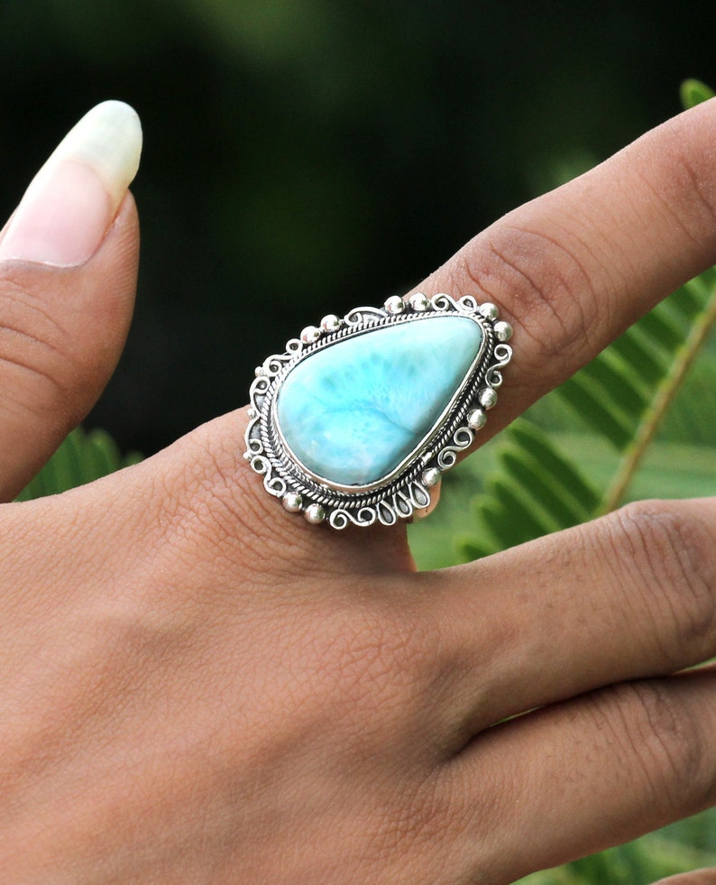 Larimar Ring Sterling Silver Ring Boho Ring Natural image 0