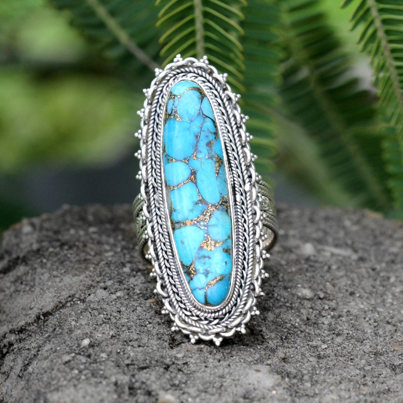 Blue Copper Turquoise Ring Long Ring Statement Ring image 0