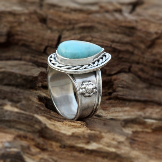 Pear Cut Engagement Ring-Oxidized Ring ON SALE Natural Larimar Ring-925 Sterling Silver Ring-Gemstone Ring-Fine Silver Ring-Wedding Ring