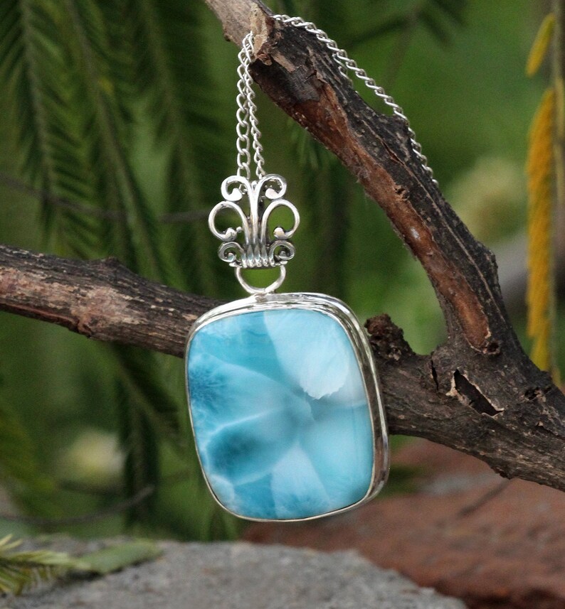 Larimar Pendant Silver Necklace High Grade Dominican Blue image 0