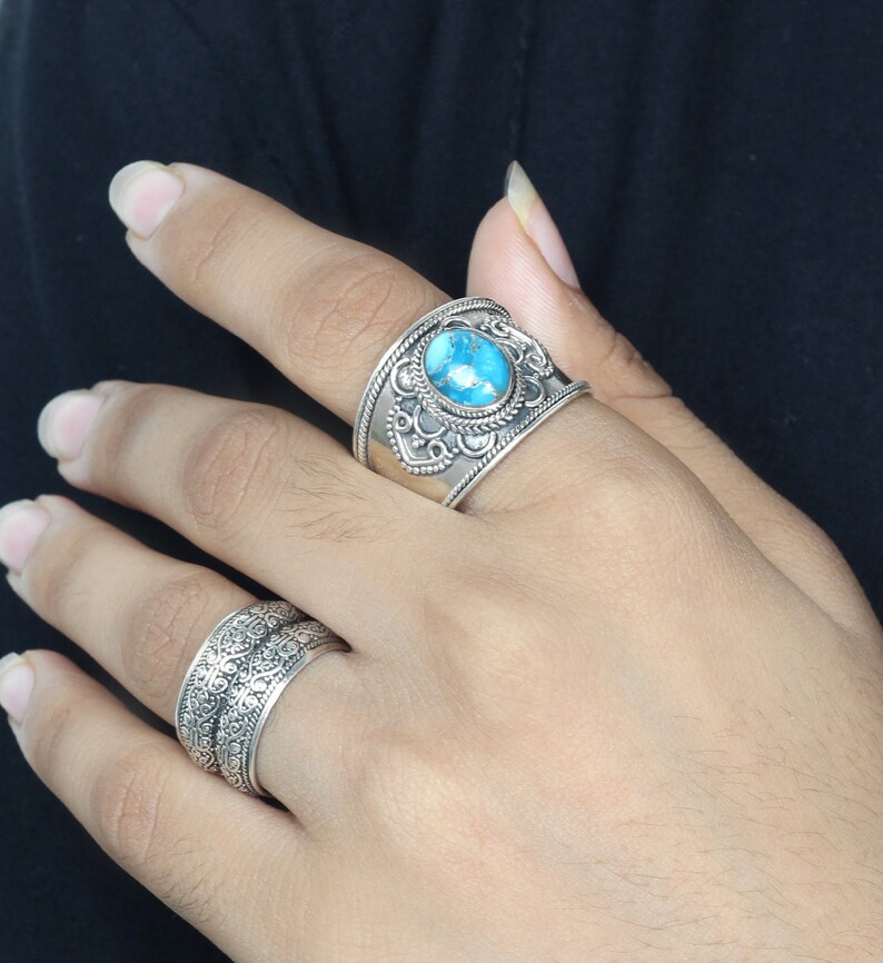 Blue Copper Turquoise Ring Gemstone Ring Sliver Ring image 0