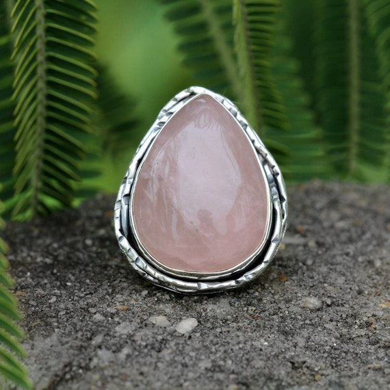 Rose Quartz Ring With Calming Aura Teardrop Ring With | Etsy