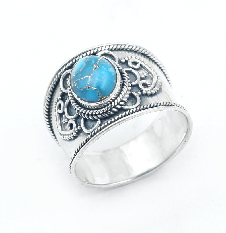 Blue Copper Turquoise Ring Sterling Silver Ring Wide Band image 0