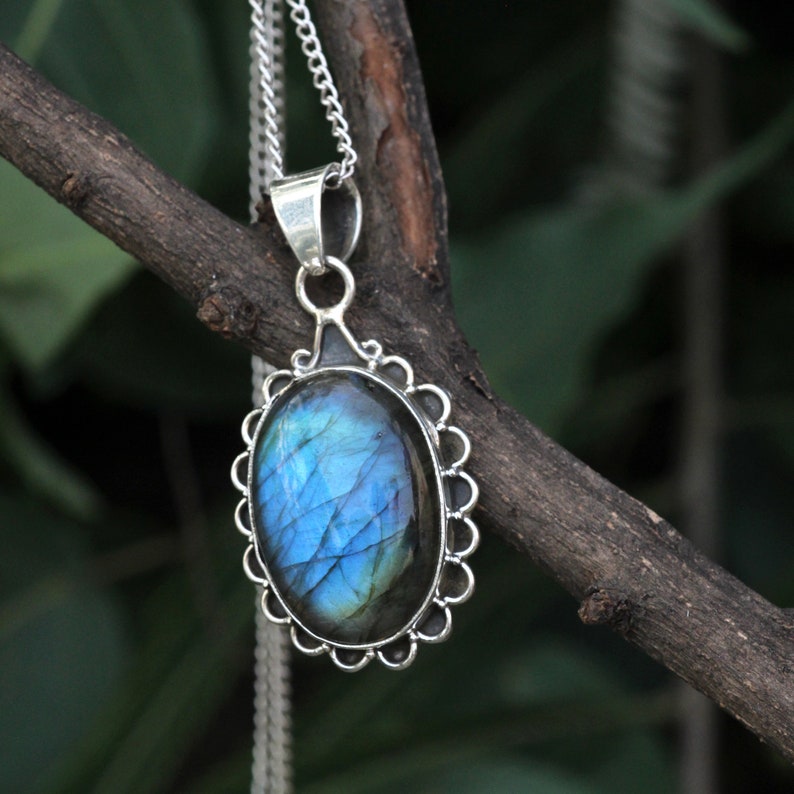 Blue Flashy Labradorite Pendant Sterling Silver Necklace image 0