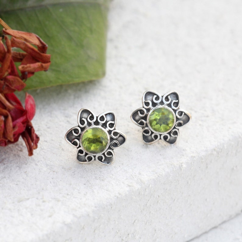 Peridot Stud Silver Stud Earring Tiny Studs Earring Floral image 0