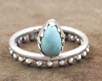 Natural Larimar Ring, Sterling Silver Ring, Women Ring, Bohemian Ring, Boho Simple Ring, Gemstone Ring, Pear Shape Ring, Gift For Wife