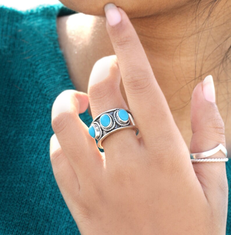 Turquoise Ring Silver Ring Gemstone Ring Wide Band Ring image 0
