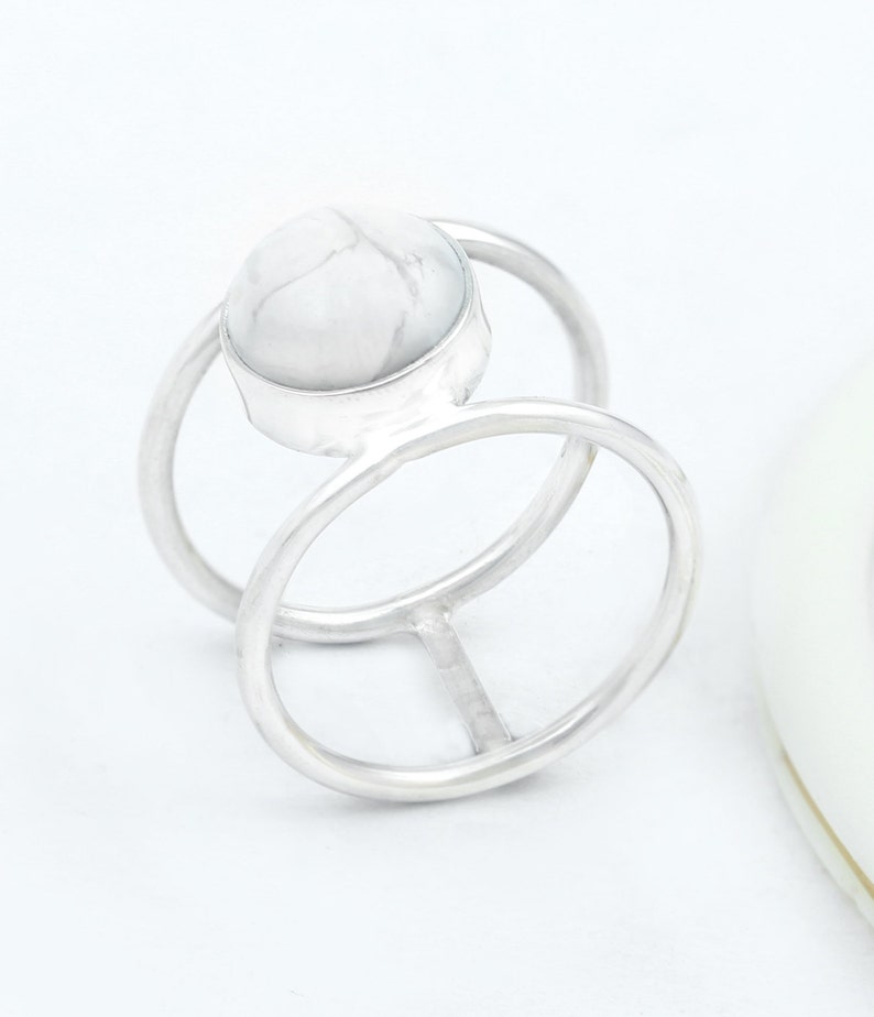 Howlite Sterling Silver Ring White Stone Ring Double Band image 0