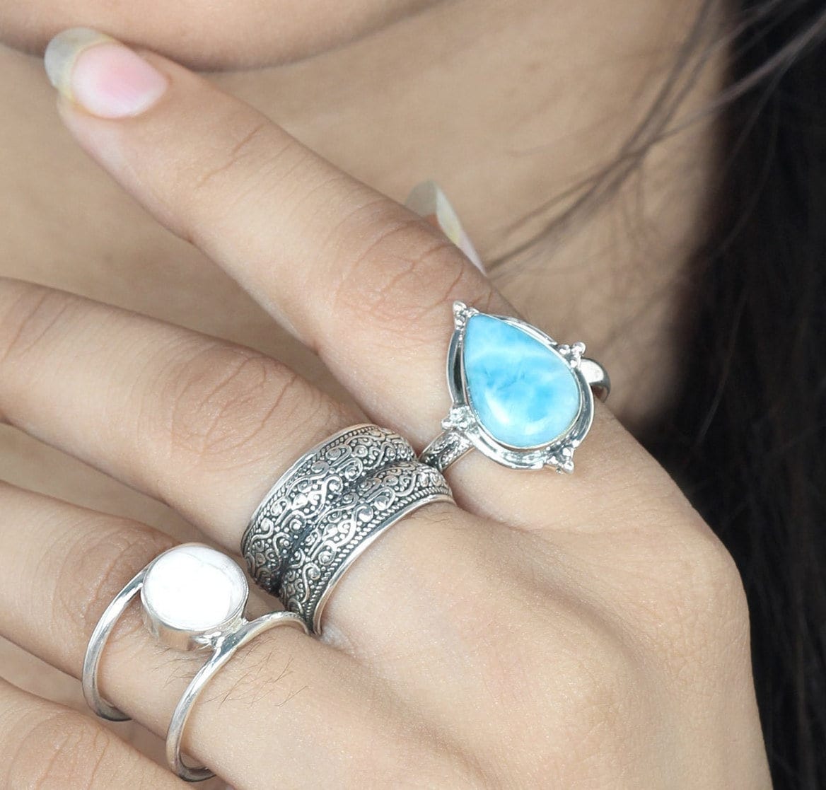 Pear Cut Engagement Ring-Oxidized Ring ON SALE Natural Larimar Ring-925 Sterling Silver Ring-Gemstone Ring-Fine Silver Ring-Wedding Ring