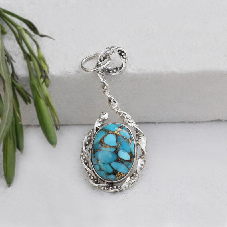 Turquoise Pendant Silver Pendant Blue Copper Unique Only Pendant
