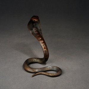 Op de afbeelding: Een bronzen sculptuur van een cobra met zijn kap opgericht, de slang is opgerold met zijn staart onder zijn lichaam.