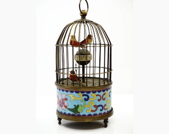 Bronze Cloisonne Enamel Birdcage Mechanical Clock