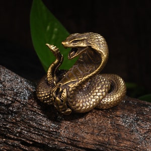 Op de afbeelding: Een gouden metalen beeldje van een cobra met opgeheven kap, opgerold op een stuk verweerd hout.