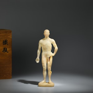 May include: A cream-coloured anatomical model of a human figure, marked with acupuncture points. The figure stands on a small base, with one arm at its side and the other hand on its hip. A wooden box with Chinese characters is to the left.