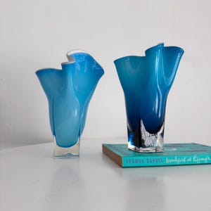 Vintage Bright Blue Fluted Japanese Wavy Handkerchief Glass Vase 60s