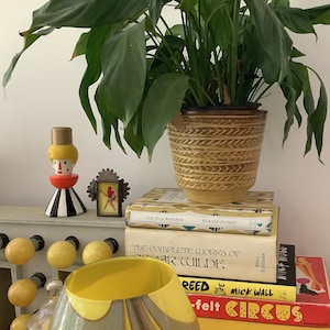 May include: A yellow ceramic figurine of a person wearing a red and white striped outfit and a black and white hat. The figurine is on a shelf with a stack of books. The books have titles such as "The Dud Avocado" and "The Complete Works of Oscar Wilde".